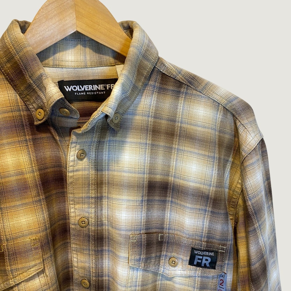 Wolverine FR Shirt Mens L Brown Plaid Flame Resistant CAT 2 Workwear Excellent